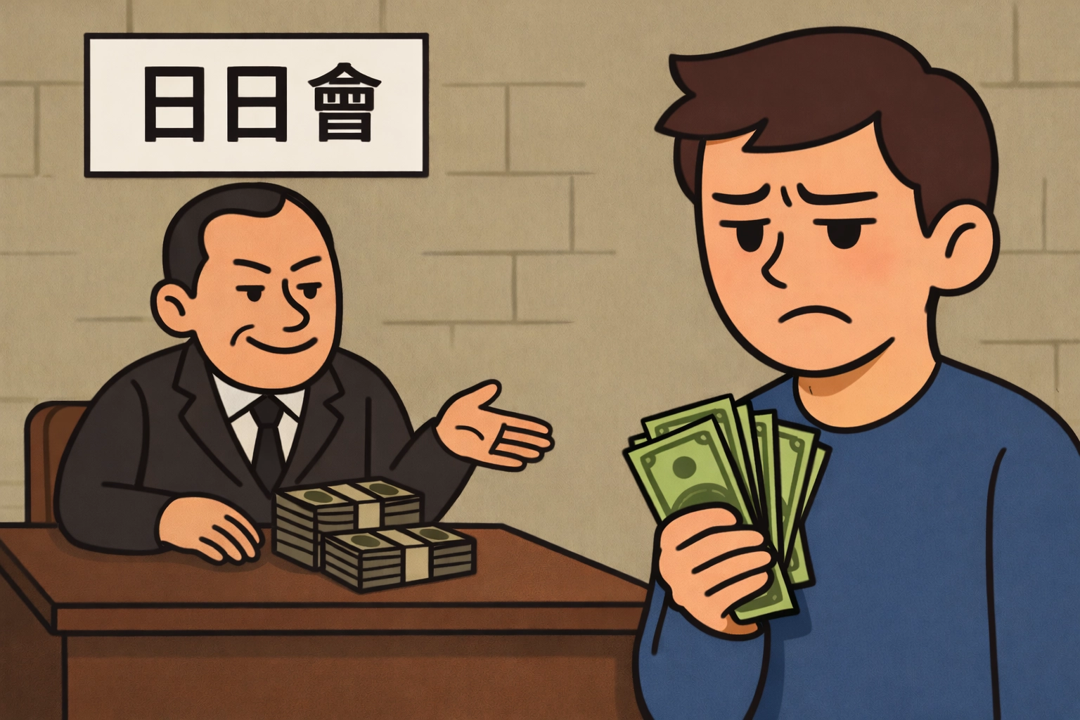 實際運作上，日日會借款通常以固定金額為單位，放款時先扣除利息，借款人實際拿到的金額低於名目借款額，接著需在短時間內，每天繳交固定金額還款，常見為 30 天一期。