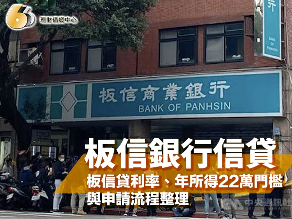 板信商業銀行分行外觀，藍底招牌寫著 BANK OF PANHSIN，騎樓下停滿機車，封面大字「板信銀行信貸」