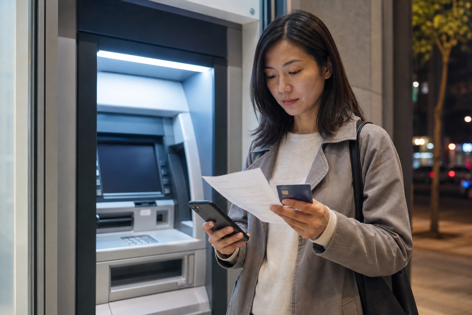 使用 ATM 動用銀行既有額度前核對費用與入帳條件的實景示意圖