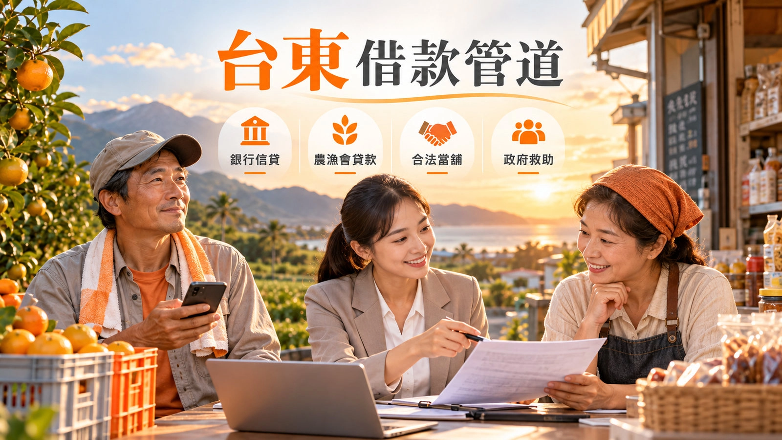 台東借款合法管道示意,農民與店家討論銀行信貸、農漁會貸款、當舖及政府救助