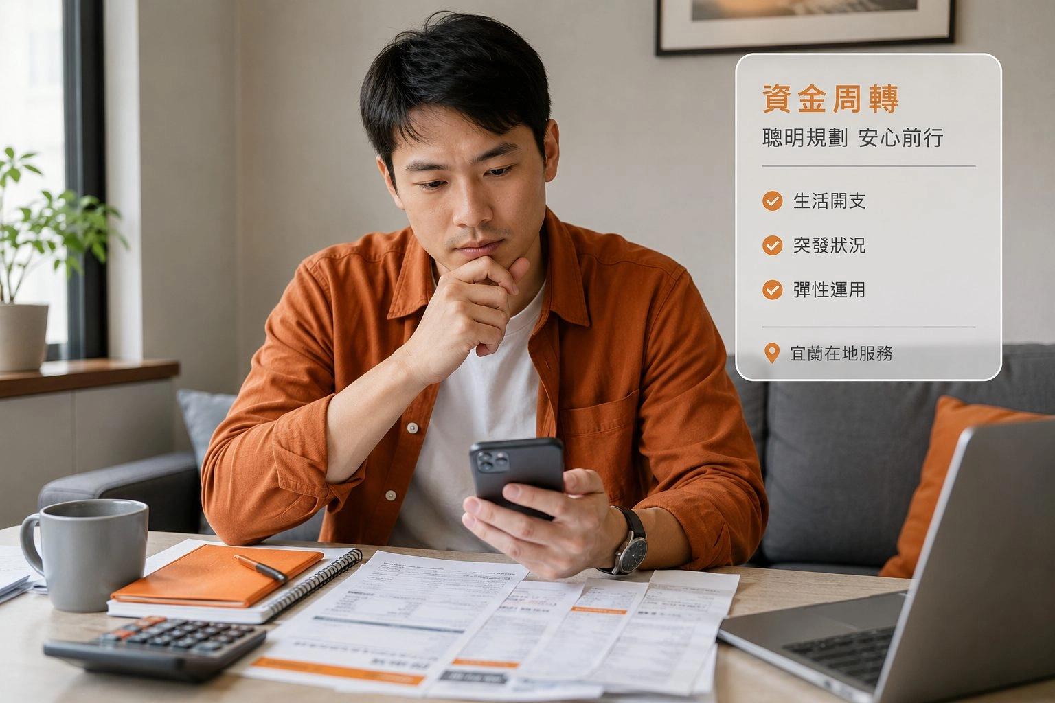 2宜蘭民眾使用手機整理帳單並評估合法資金周轉方案