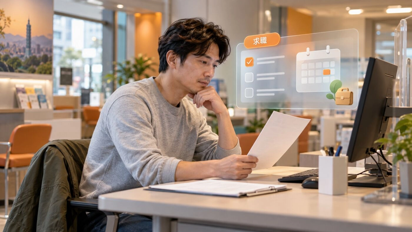 失業者閱讀求職資料，了解失業給付申請前的就業保險與求職登記條件