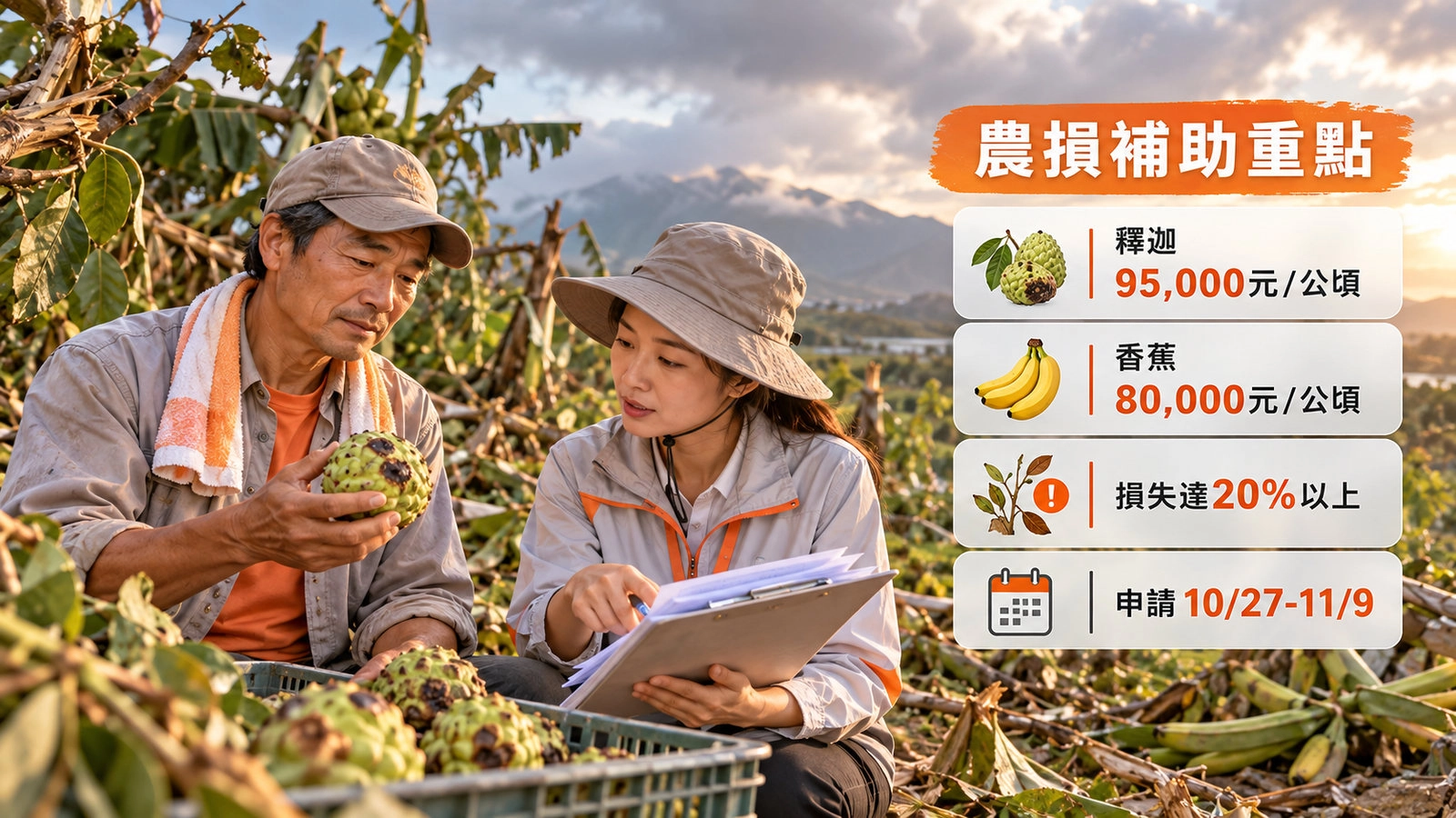 台東農民與人員檢視受損釋迦,圖片列出釋迦和香蕉救助額度、災損門檻與申請日期
