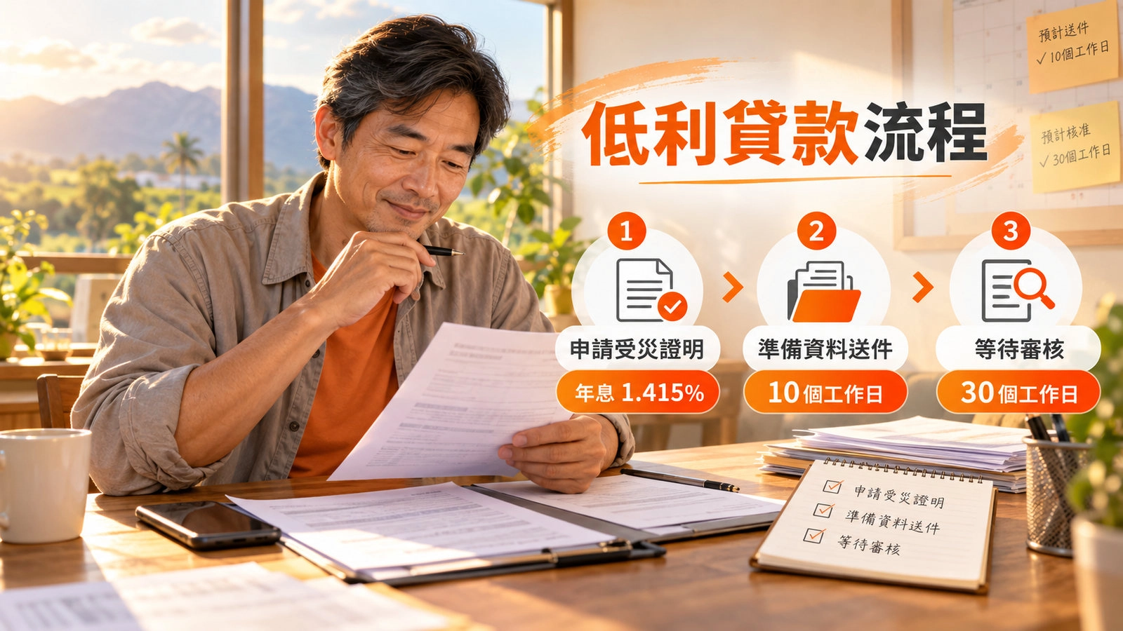 農民檢視農業天然災害低利貸款文件,圖示申請受災證明、送件和審核流程