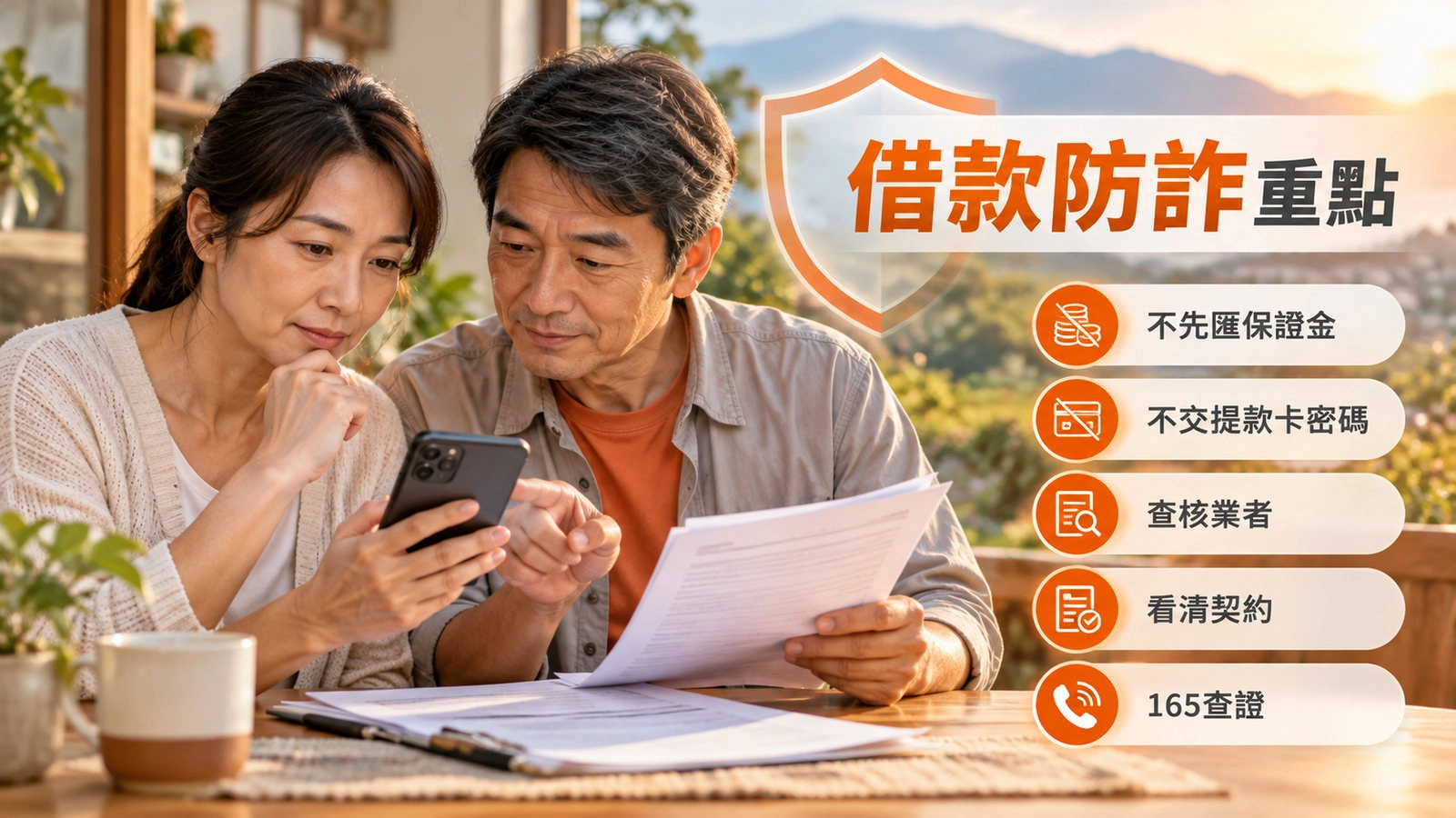 兩名民眾核對手機及借款契約，提醒不先匯保證金、不交提款卡密碼並利用165查證