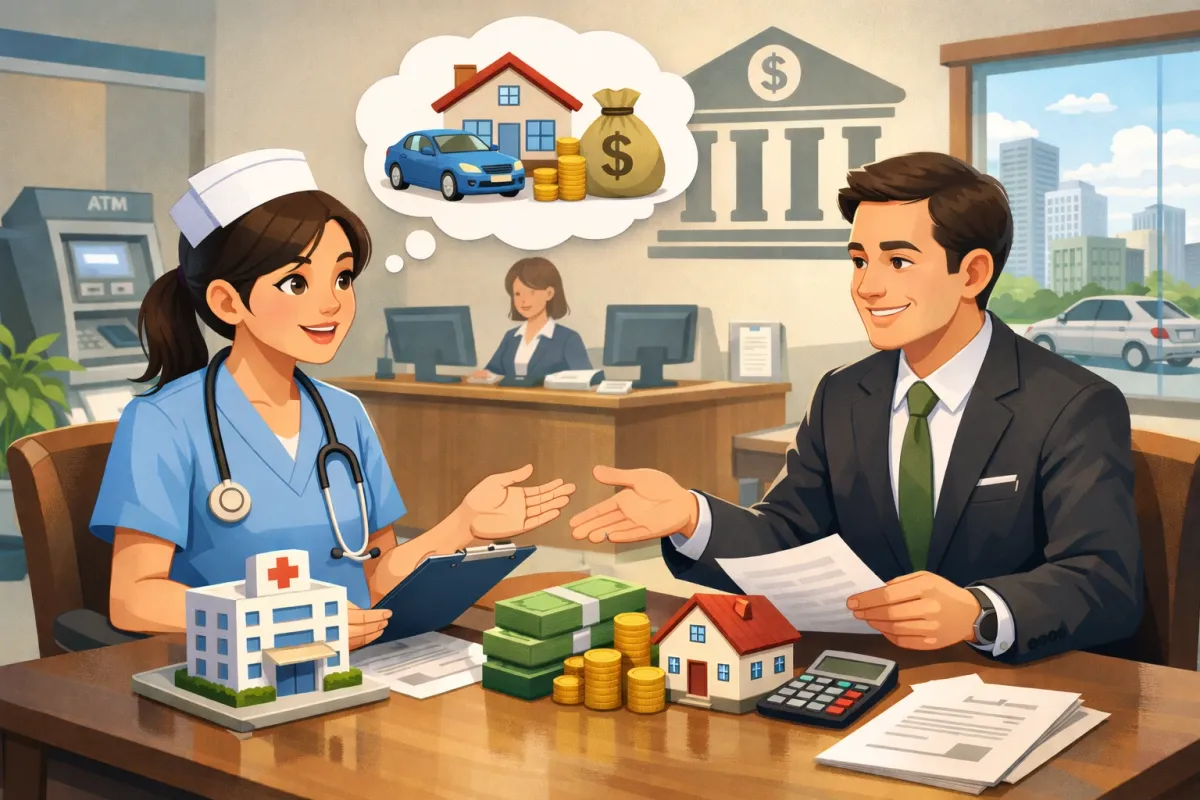 戴護士帽的護理師在銀行櫃檯和西裝專員討論貸款，桌上擺著醫院模型與鈔票