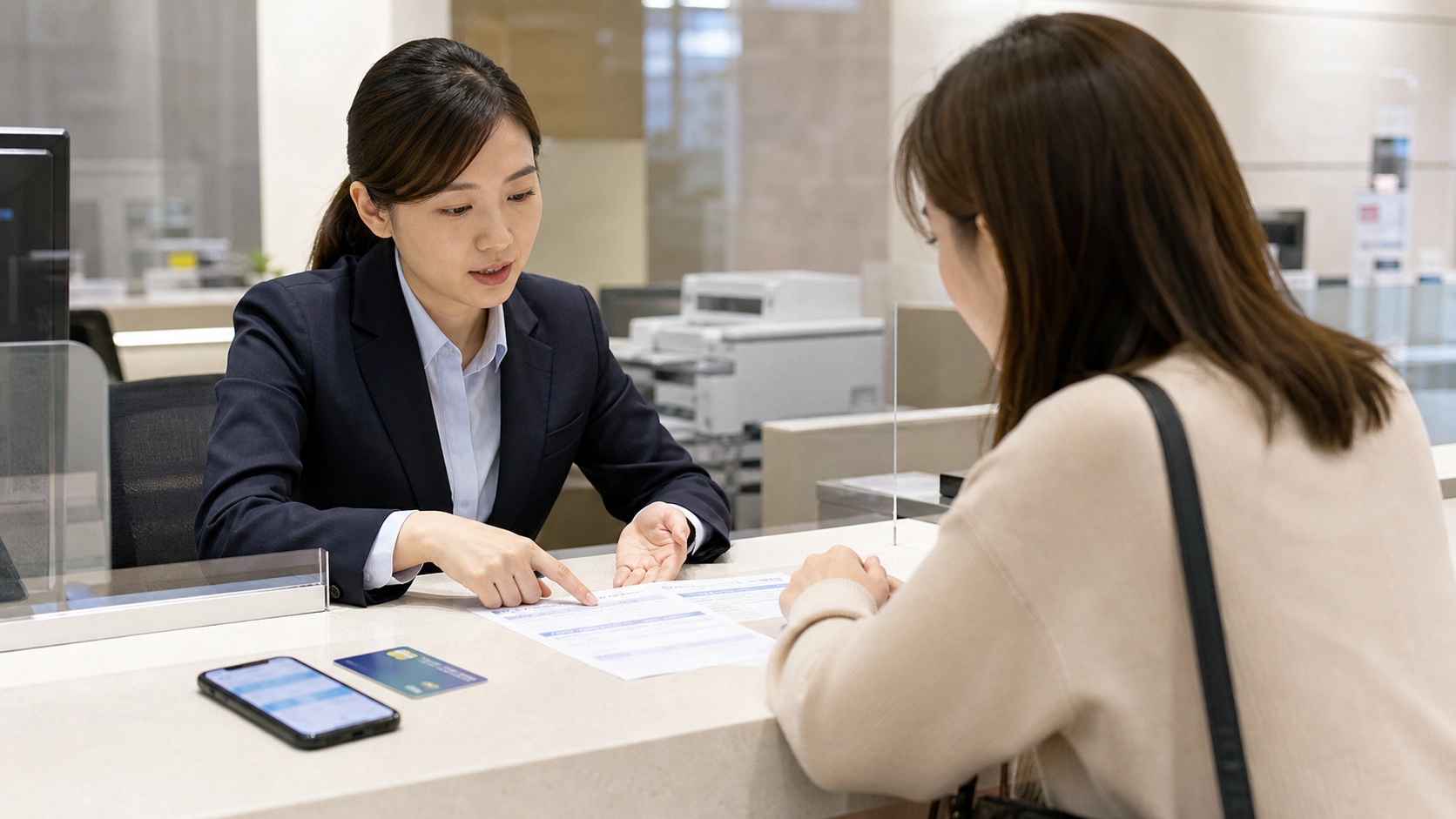 銀行櫃檯確認告誡戶帳戶限制與交易用途示意圖