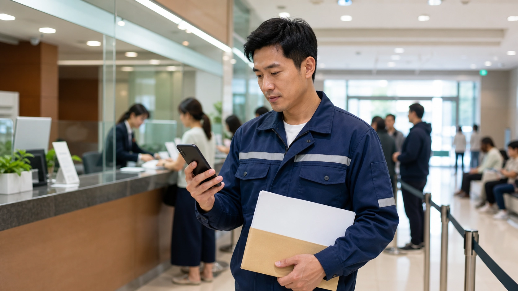 勞工在銀行服務窗口查詢被保險人紓困貸款示意圖