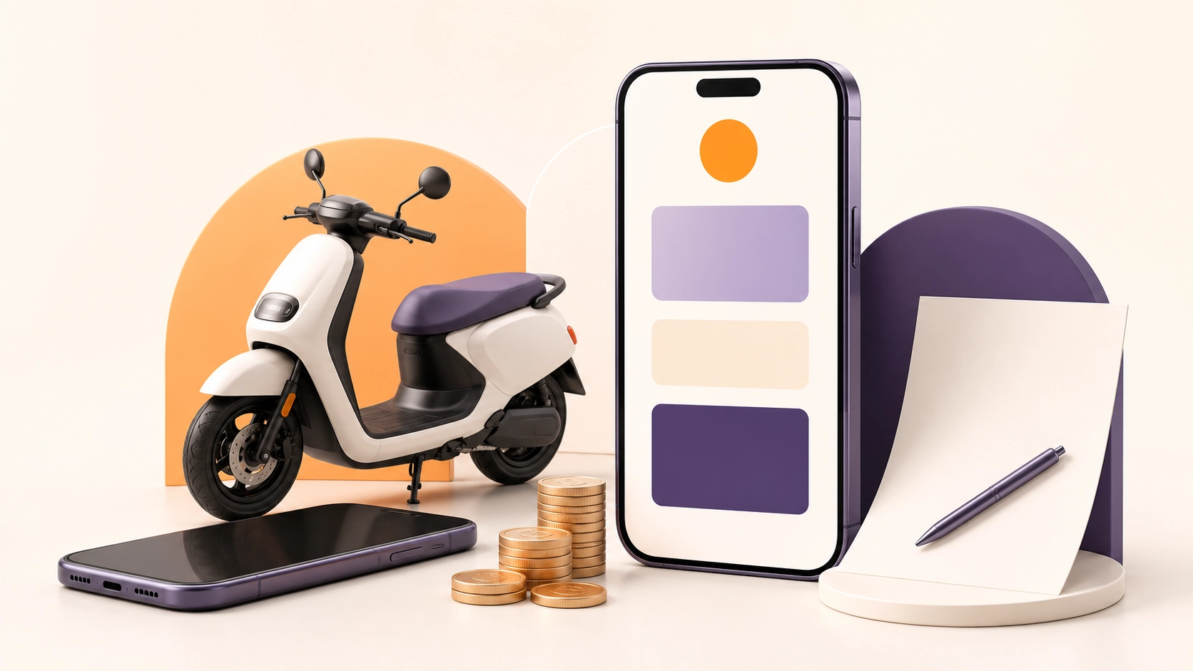 JUJI 招財麻吉 App、手機、機車與合約示意圖