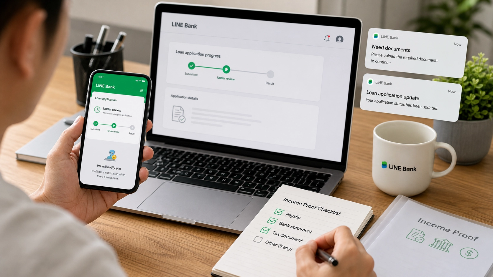 Line Bank 貸款審核補件與進度查詢示意圖