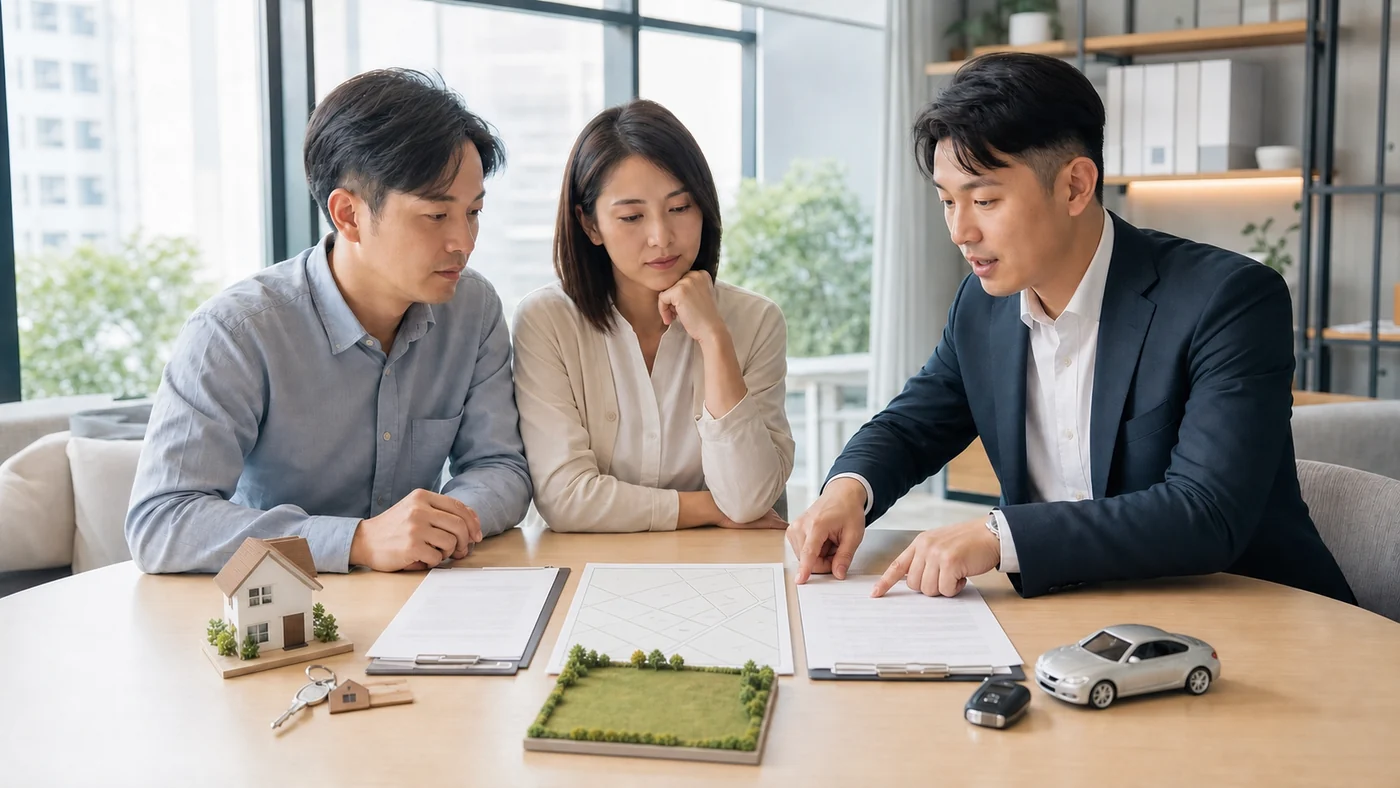 申請人比較房屋、土地與汽車民間二胎貸款文件及承作角色的實景示意圖