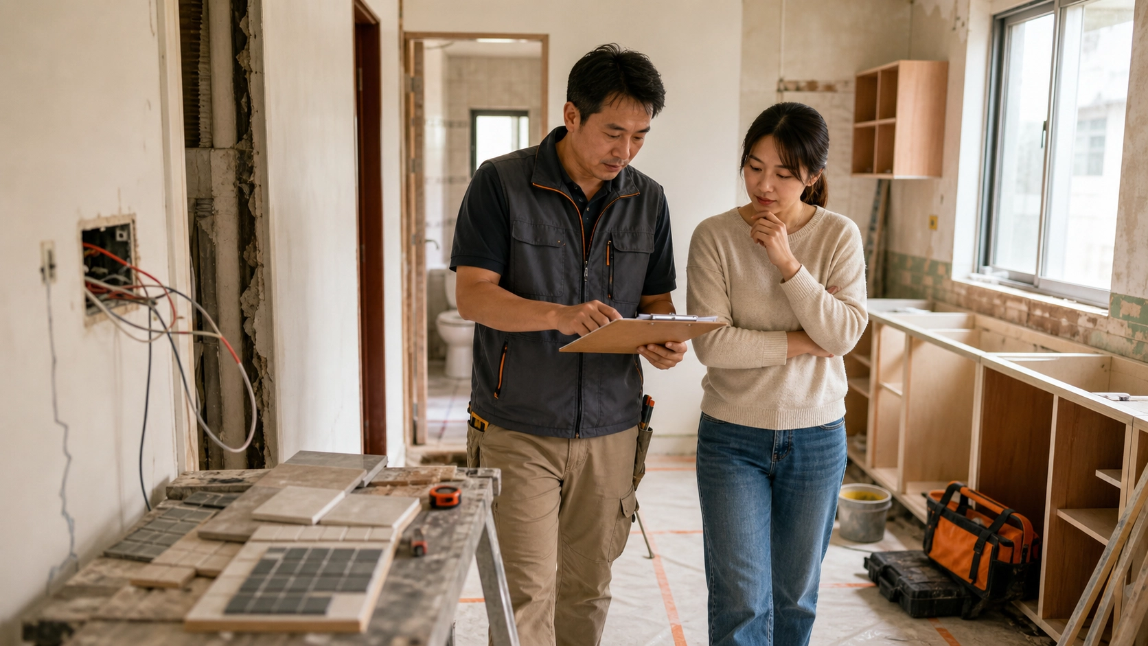 屋主與裝修師傅核對工程項目及報價內容