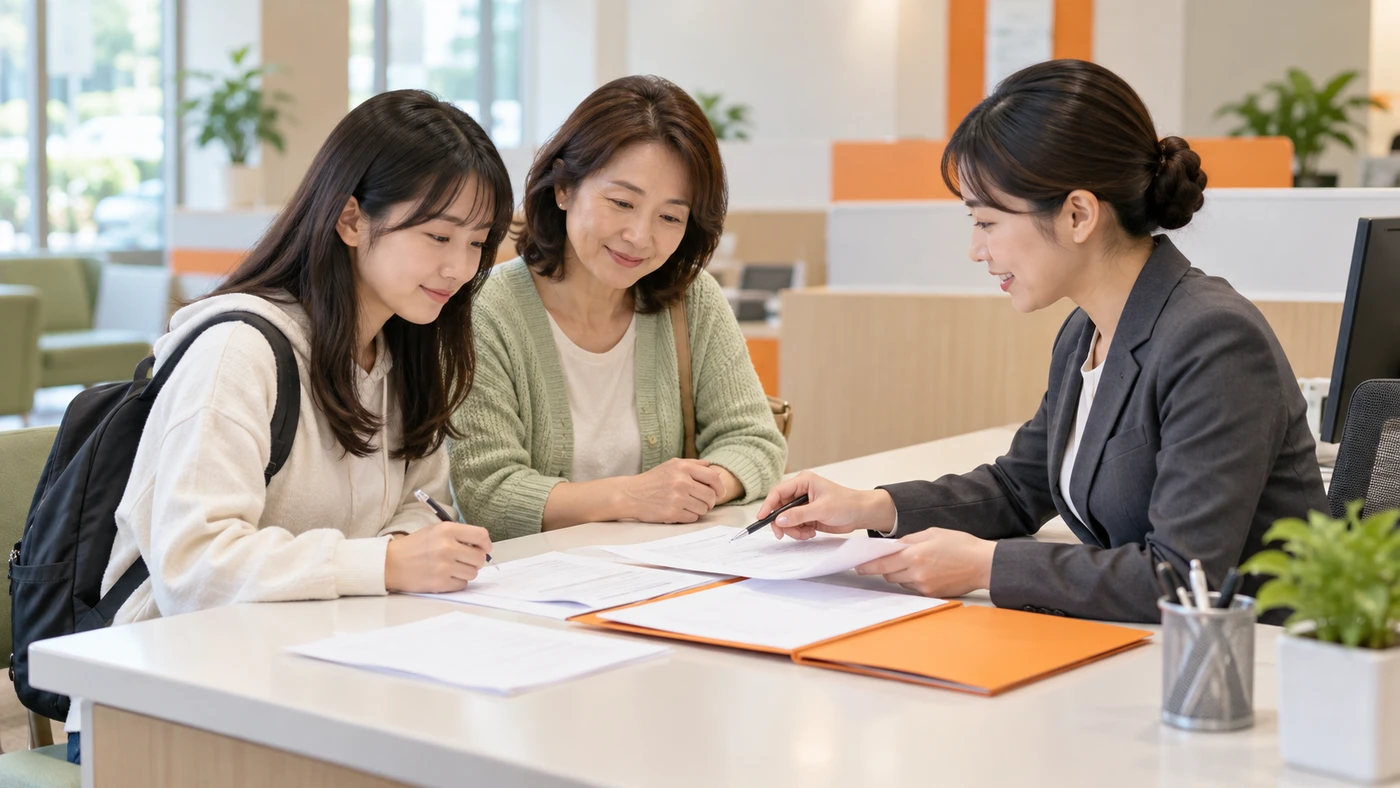 學生與保證人在銀行服務櫃檯核對就學貸款申請及對保文件的情境