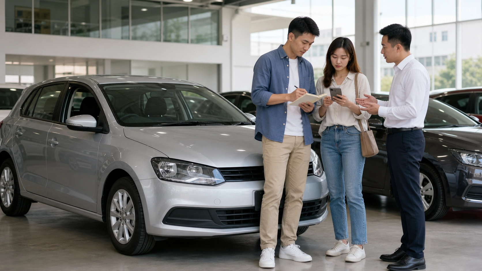 民眾在中古車展示場計算購車預算並了解中古車貸款的實景示意圖