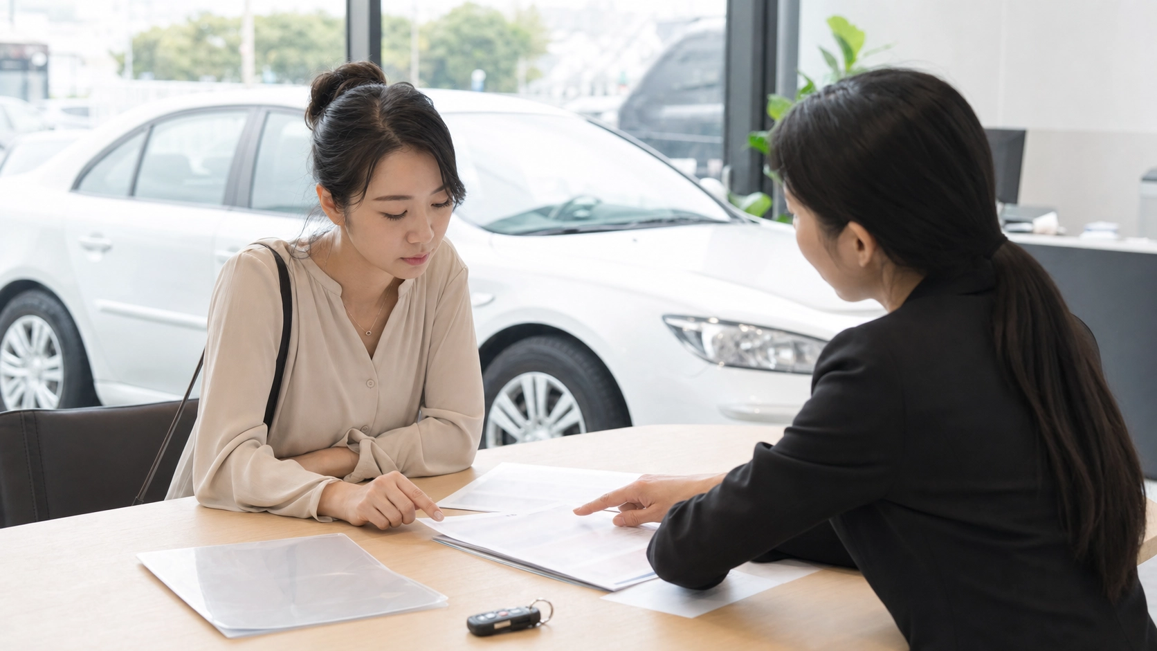 申請人核對中古車貸款契約與分期總價的實景示意圖